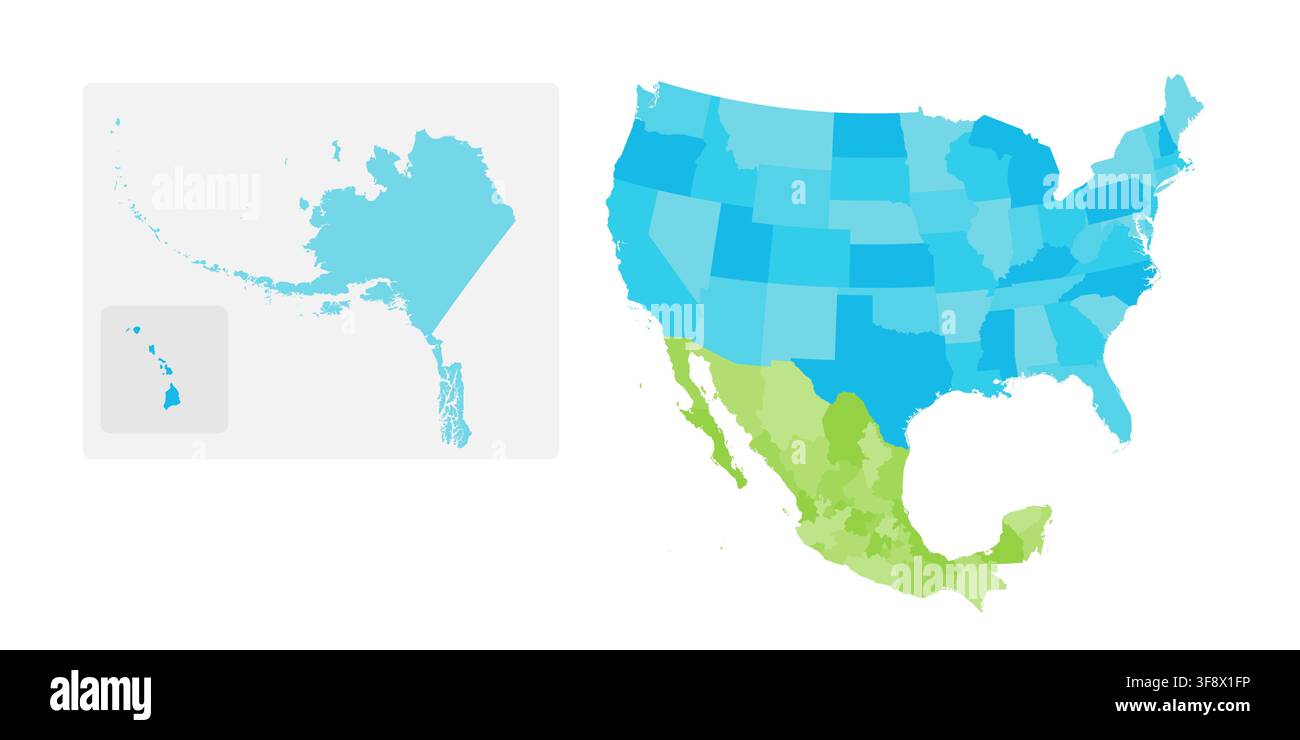 Questa mappa mostra i confini politici degli Stati Uniti e del Messico. Comprende tutti gli stati degli Stati Uniti insieme a parti del Messico. L'Alaska e le Hawaii sono mostrate anche in un inserto più piccolo. Illustrazione Vettoriale