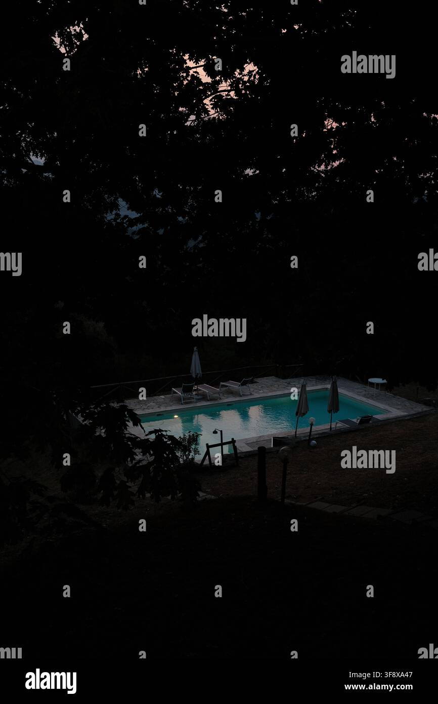 Piscina all'aperto illuminata circondata da alberi scuri al crepuscolo Foto Stock