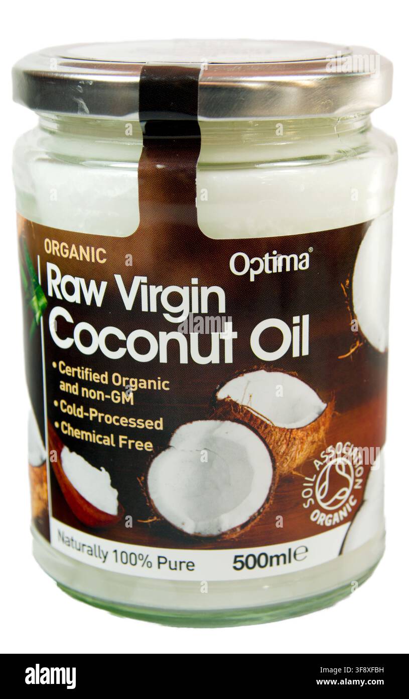 Materie vergine di olio di noce di cocco jar. Foto Stock