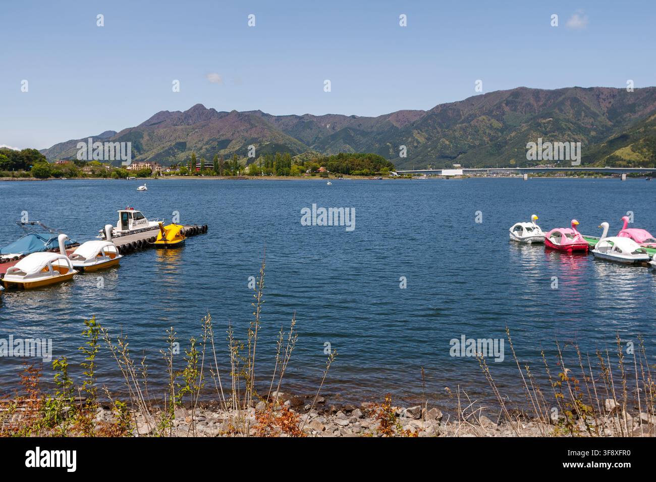 YAMANASHI, GIAPPONE - 5 LUGLIO 2025: Bella vista del lago Kawaguchi con colorate barche da piacere a forma di cigni ormeggiate al molo vicino alla zona del Monte Fuji in estate. Foto Stock