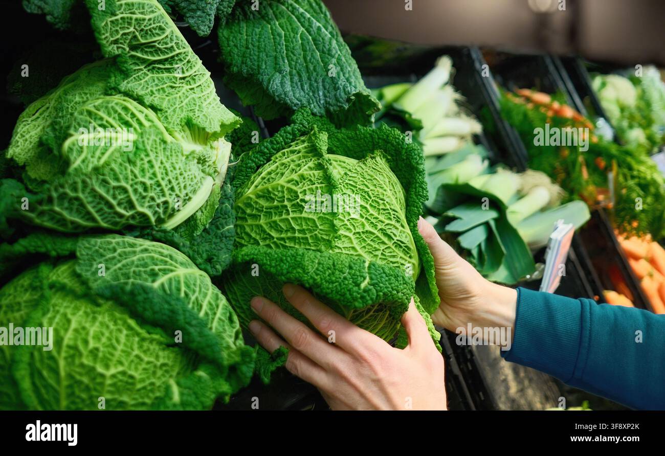 Fare la spesa in un negozio di alimentari o supermercato e prendere un cavolo verde riccio fresco e vibrante dallo scaffale Foto Stock