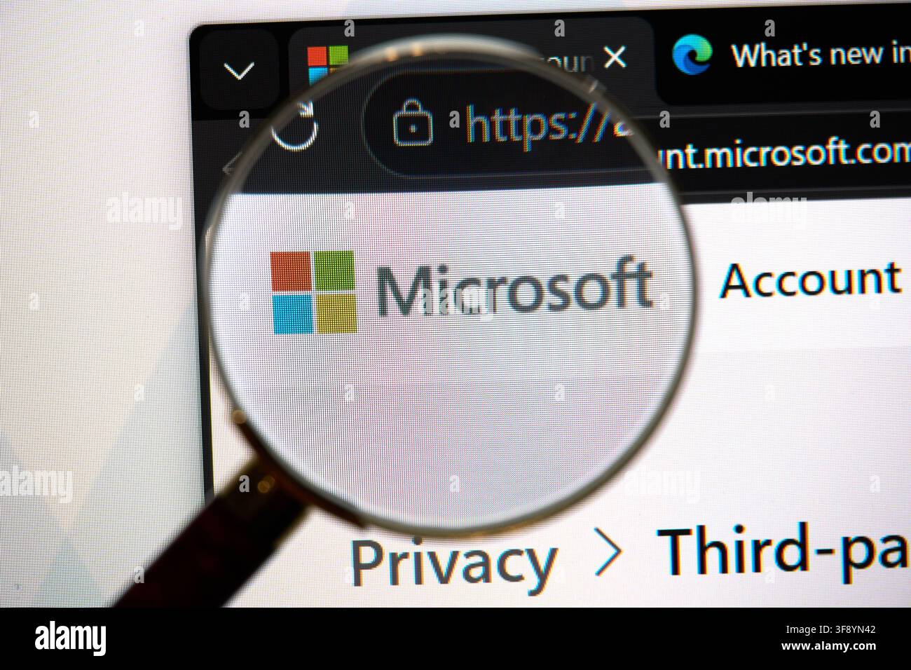 CARROLLTON, TX, USA - 01 AGOSTO 2026: Una lente d'ingrandimento si concentra sul logo Microsoft visualizzato sullo schermo di un computer. Microsoft è un leader tecnolo Foto Stock