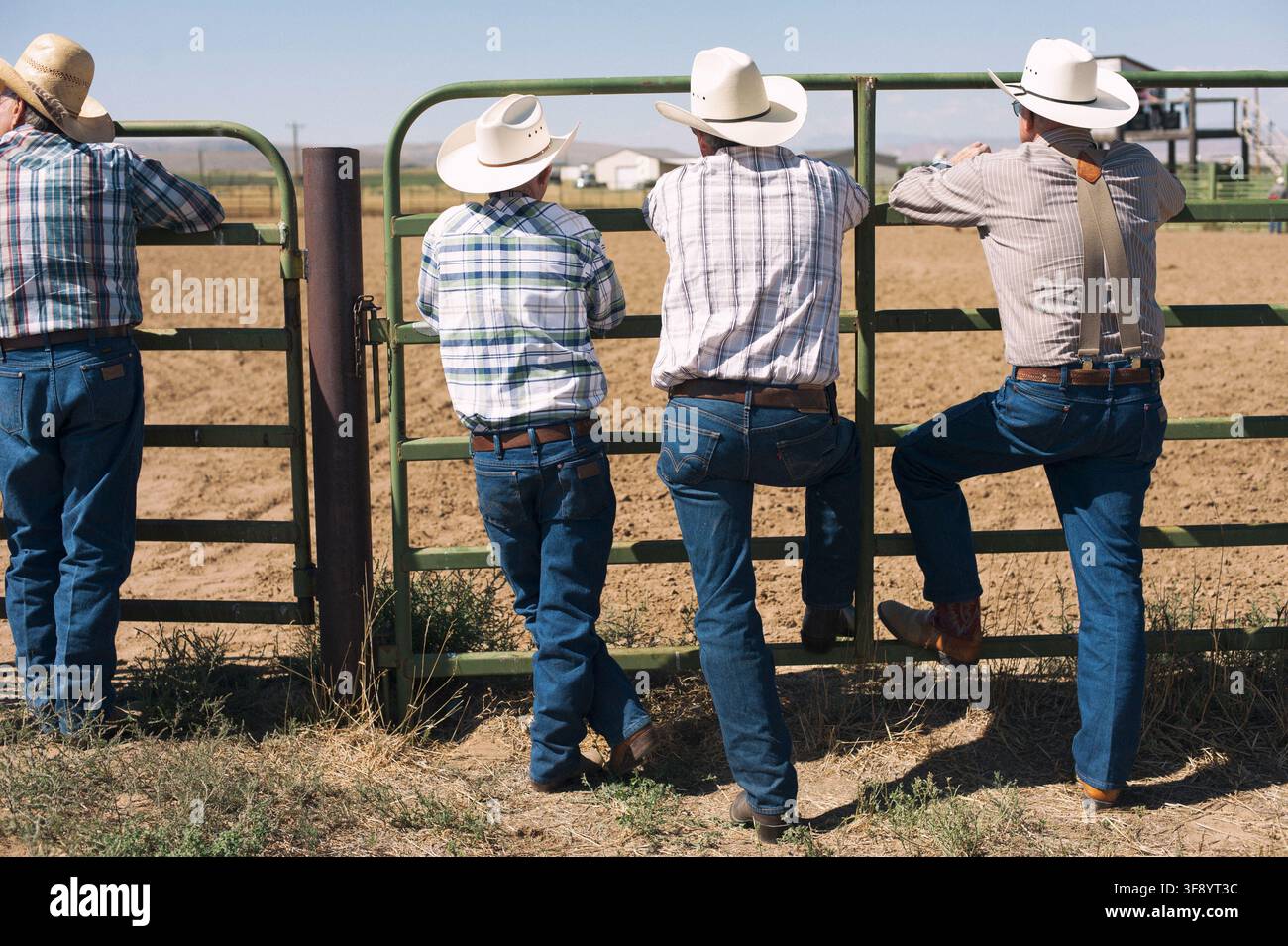 Quattro cowboy appoggiati a una recinzione del ranch e che osservano un evento nel Wyoming, USA, stile di vita western rilassato e tradizione dell'Ovest americano. Foto Stock