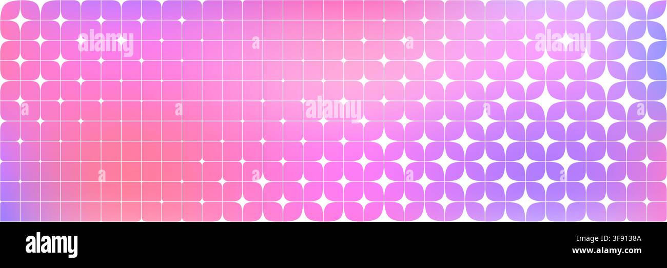 Modello a griglia sfumato rosa viola scintillante. Sfondo geometrico astratto Y2k a stelle. Carta da parati mosaico colorata scintillante. Sfondo di transizione a maglia magica in stile anni 2000. Vettore Illustrazione Vettoriale