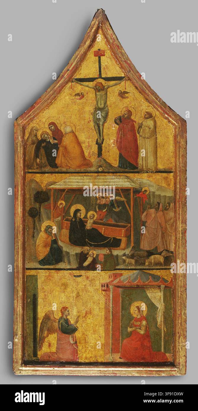 Natività di Gesù Crocifissione di Gesù Annunciazione Dopo Giotto “Scene dalla vita di Cristo, inclusa la Natività di Gesù, la Crocifissione di Gesù e l’Annunciazione, dopo Giotto, il pittore e architetto italiano influente. Le opere riflettono lo sviluppo dell’arte religiosa del primo Rinascimento italiano, attingendo all’approccio pionieristico di Giotto alla narrazione, all’emozione umana e alla rappresentazione spaziale.” Foto Stock