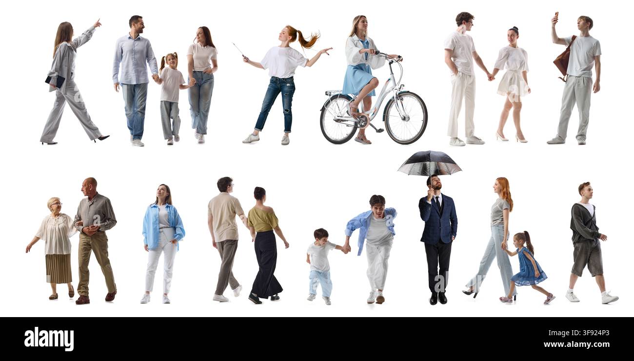 Persone multigenerazionali che camminano in file con un utente di sedia a rotelle su sfondo bianco Foto Stock