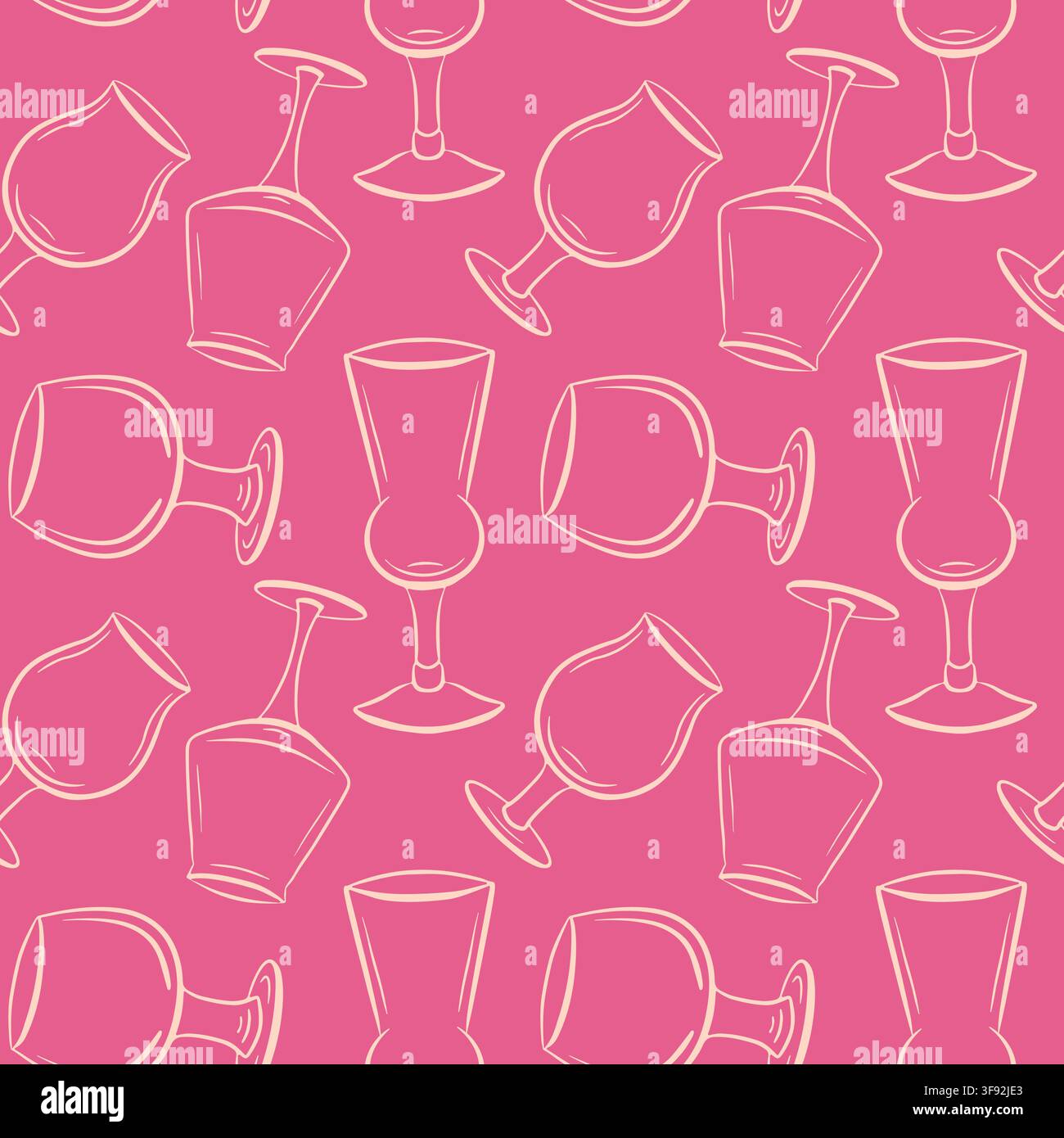 Modello senza cuciture di bicchiere di birra in arte lineare rosa e bianco. Sfondo di bevanda ripetitivo per menu del bar, decorazione del pub, tessili, packaging, carta da parati e Illustrazione Vettoriale