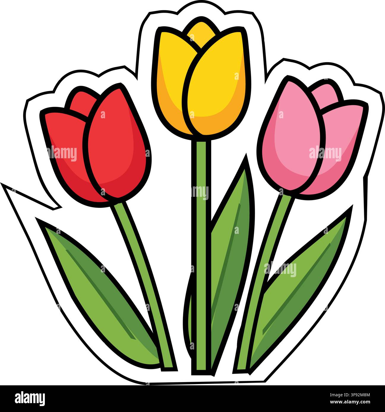 Vibrante illustrazione vettoriale di adesivo con tre tulipani in fiore in rosso, giallo e rosa, che simboleggiano l'arrivo gioioso della primavera, bella diversità Illustrazione Vettoriale