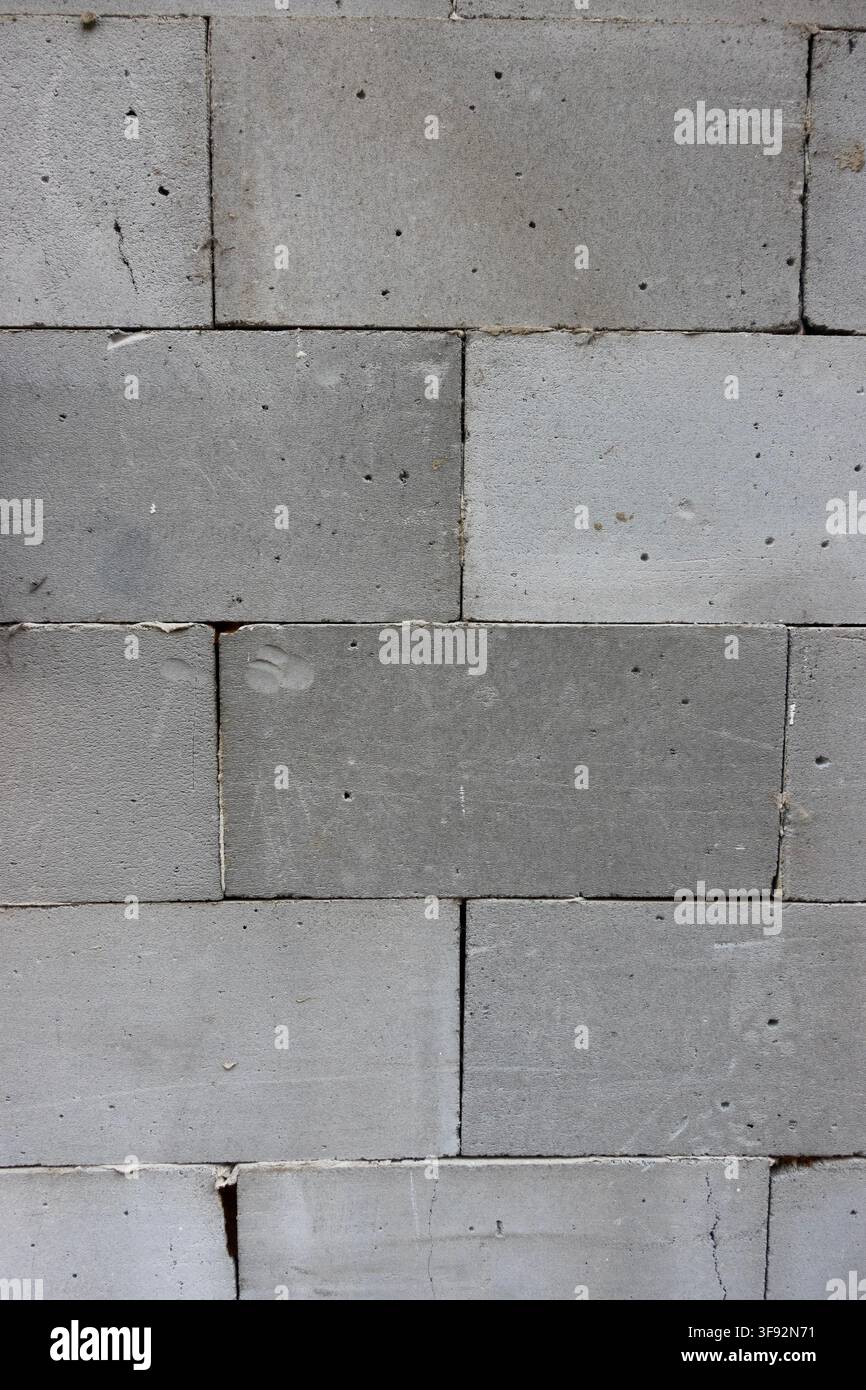Primo piano di un muro di blocchi di cemento grigio incompiuto con giunture di malta visibili, pori e texture superficiale ruvida, utile come sfondo industriale Foto Stock