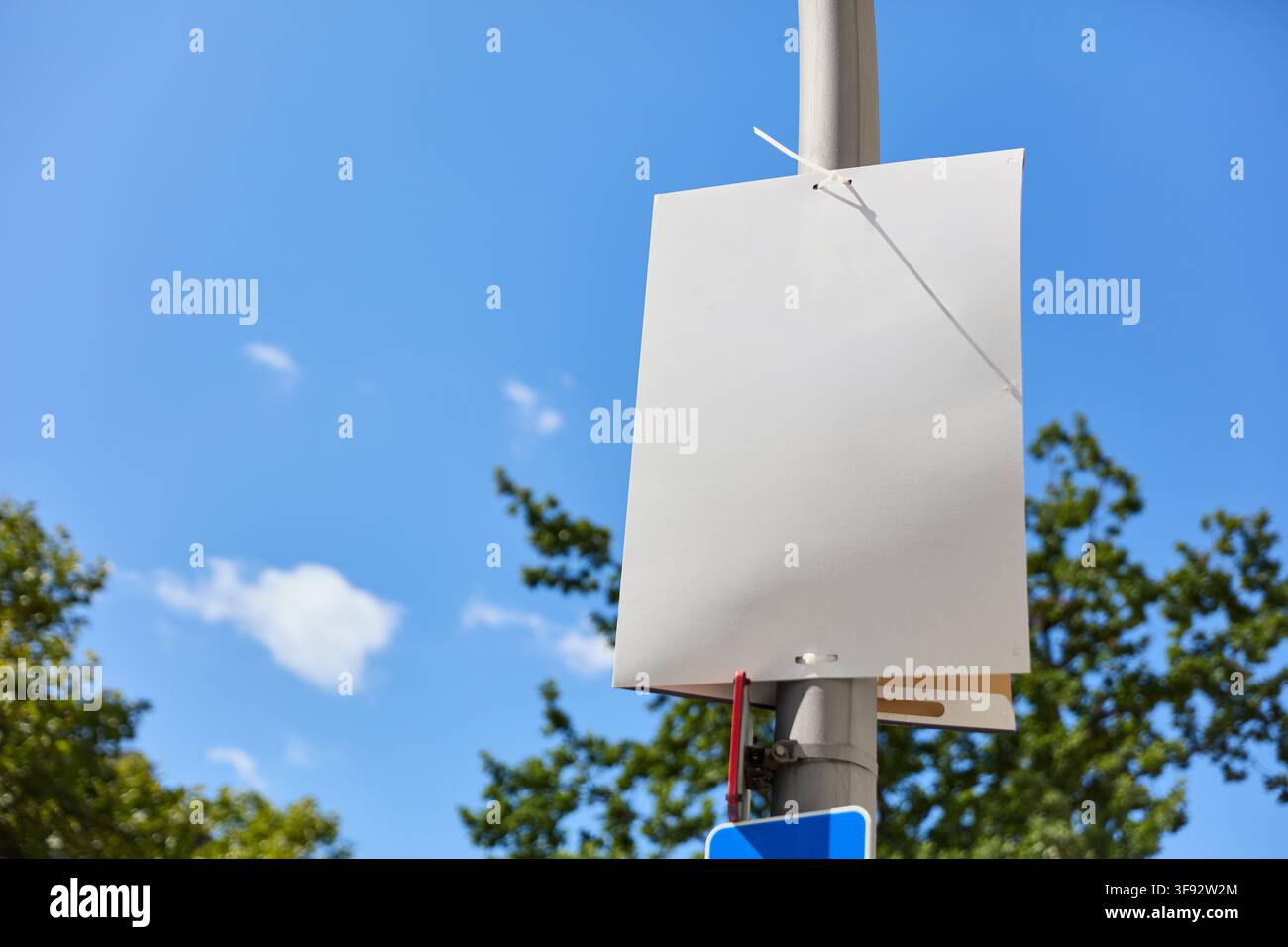 Manifesto elettorale bianco vuoto (senza testo o messaggio politico) su un lampione contro un cielo blu e una vegetazione estiva a Berlino. La grande area non stampata a partire da Foto Stock