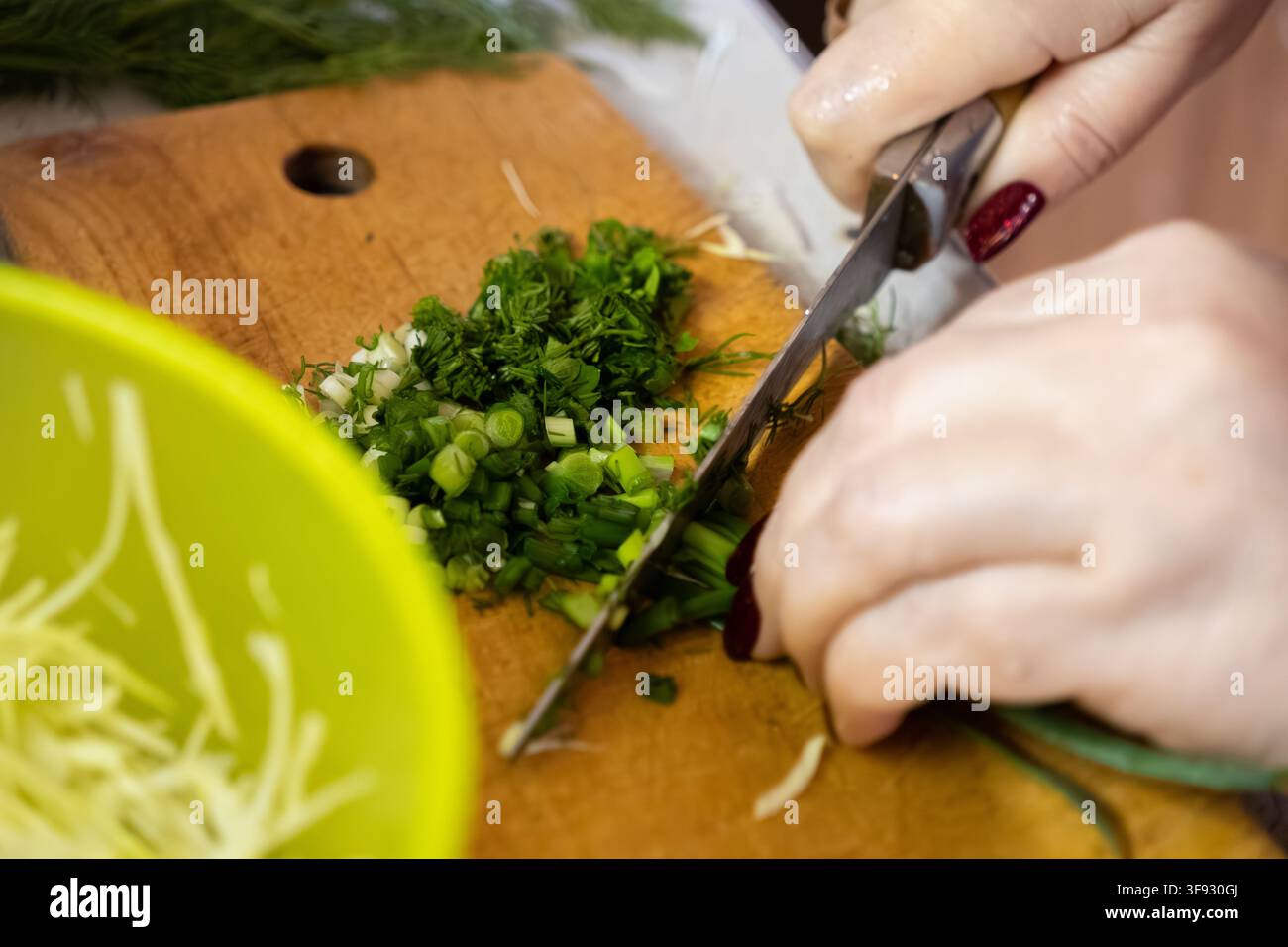 Una persona taglia con cura erbe aromatiche e scalogni per una ricetta fresca fatta in casa, evidenziando la preparazione di verdure in un ambiente cucina che ispira Foto Stock