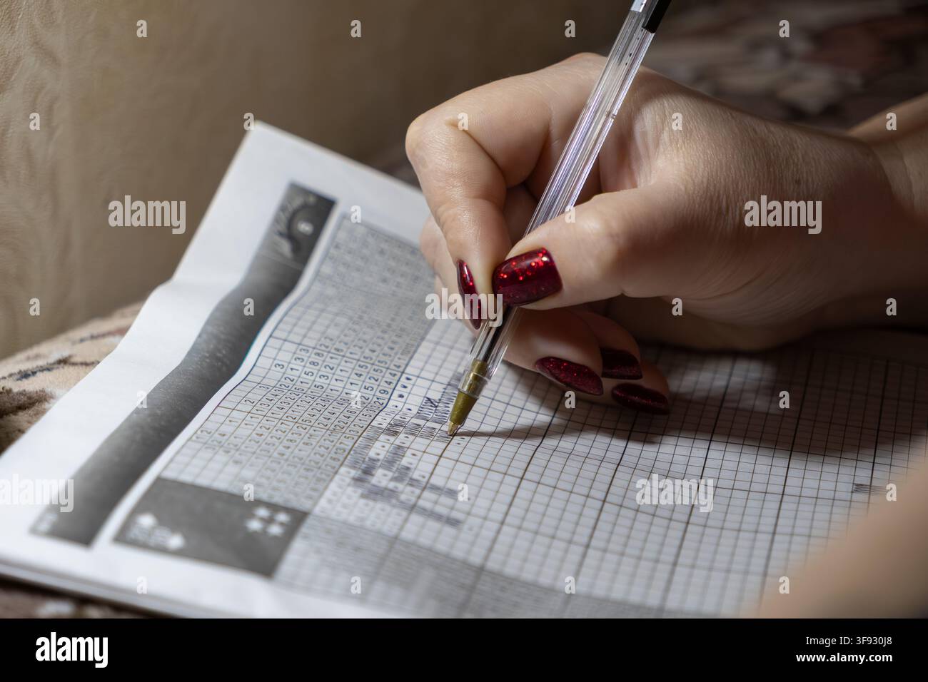 Una mano riempie con una penna un puzzle logico a griglia numerica per dimostrare la risoluzione paziente dei problemi, la concentrazione acuta e l'hobby rilassante di impegnarsi in br Foto Stock