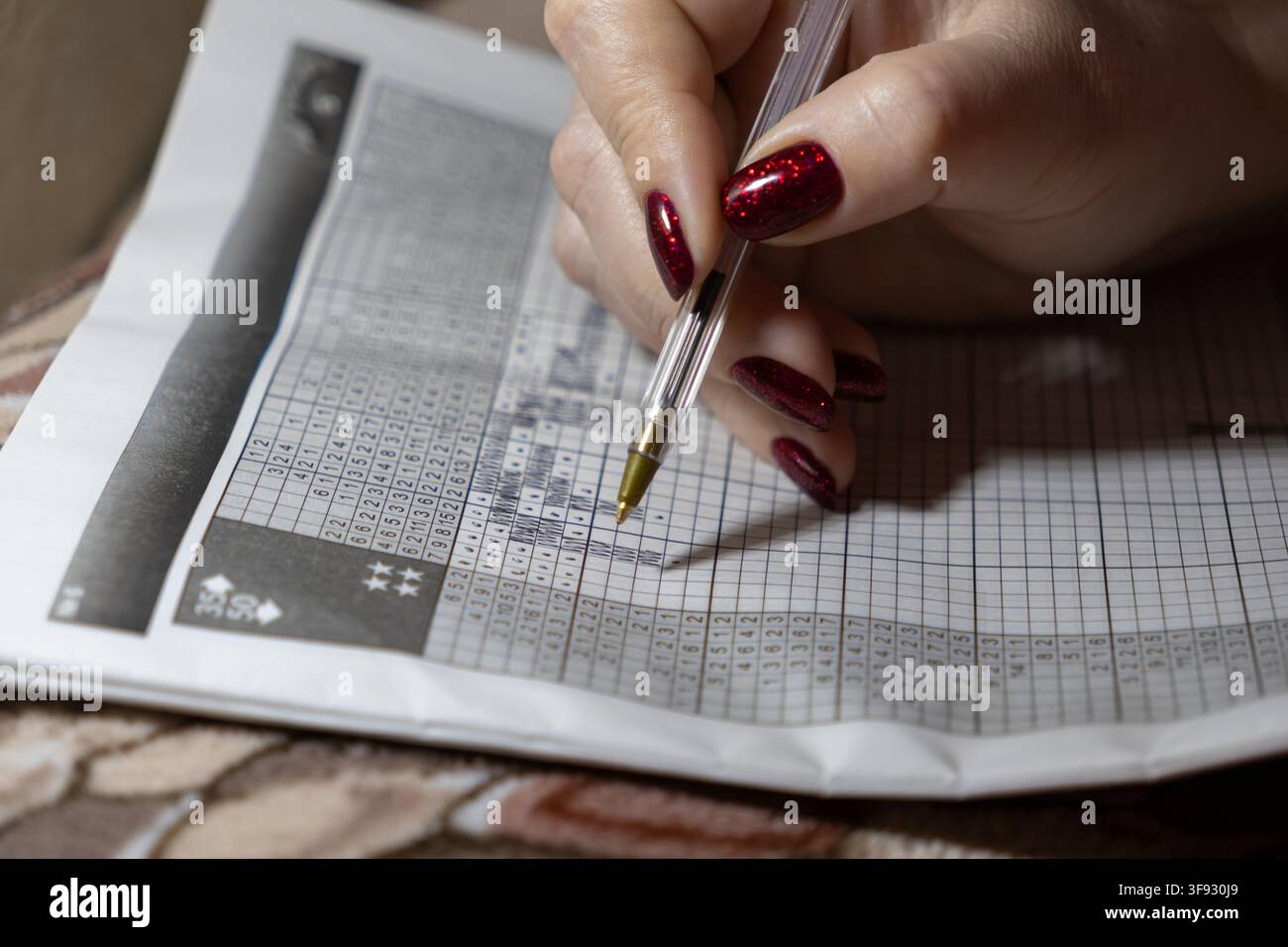 Un primo piano di una persona che compila un puzzle a griglia in bianco e nero con una penna per rivelare un'immagine nascosta, mostrando sfida mentale, concentrazione, intell Foto Stock