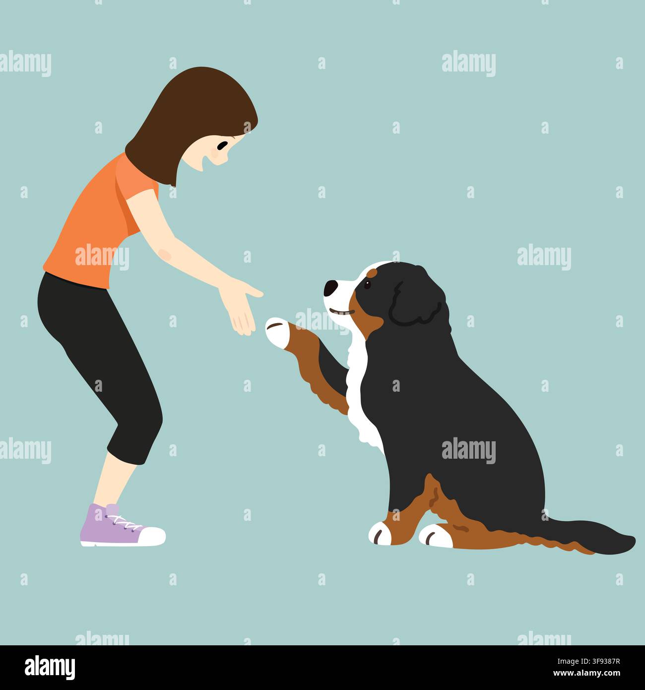 Illustrazione di una giovane donna e di un cane da montagna che si stringono la mano Illustrazione Vettoriale
