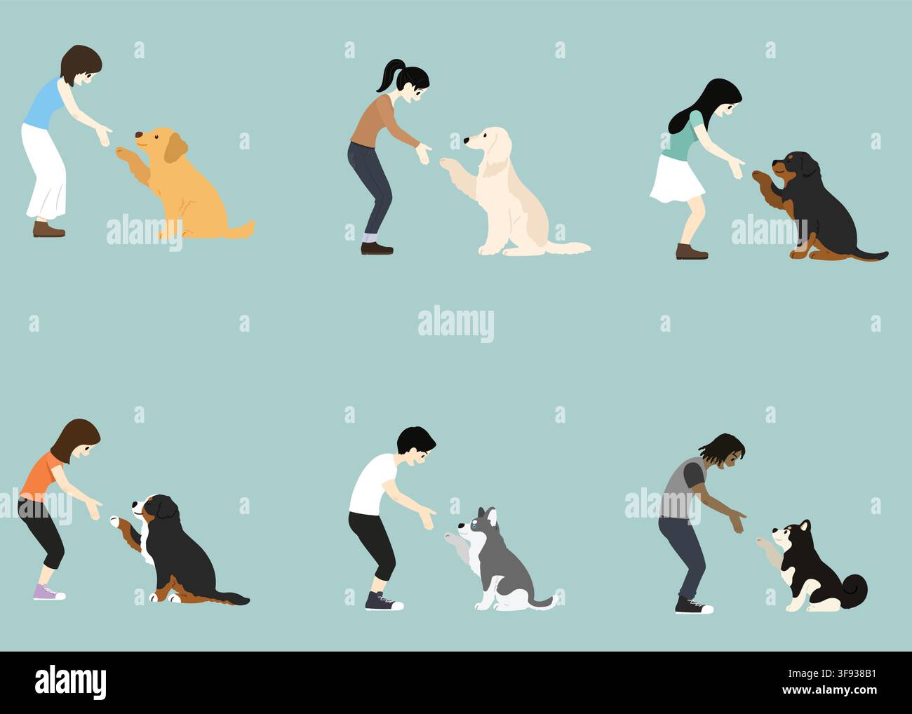 Collezione di persone che si stringono la mano con cani grandi e carini, colorazione piatta Illustrazione Vettoriale