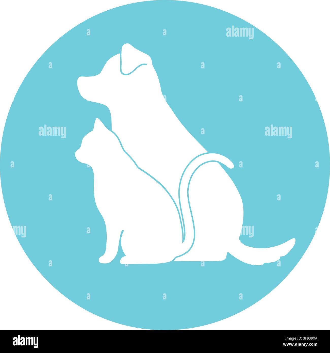 Silhouette semplici e adorabili di un cane e di un gatto in vista laterale all'interno di un logo circolare Illustrazione Vettoriale