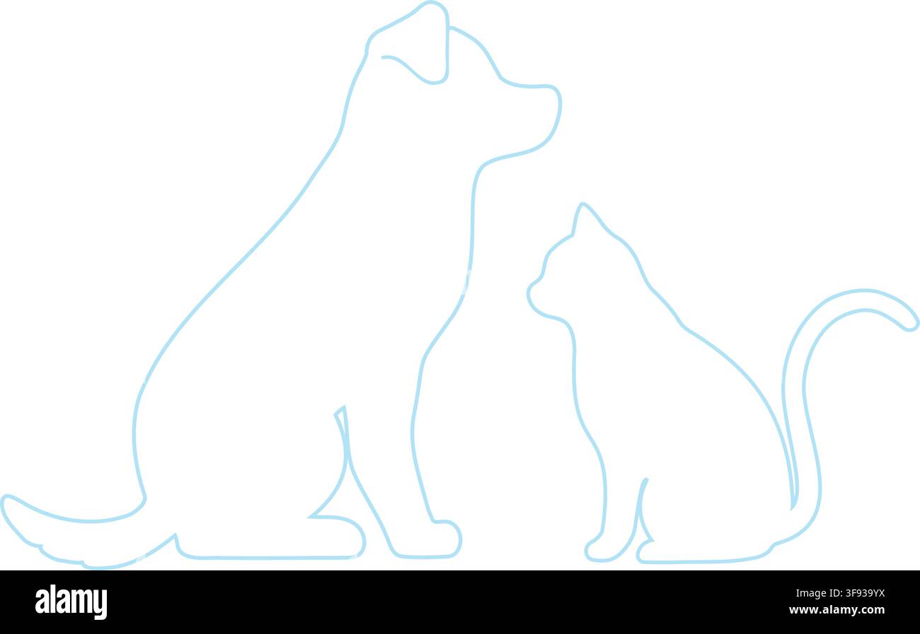 Silhouetti semplici e adorabili di un cane e di un gatto di profilo che si affrontano Illustrazione Vettoriale