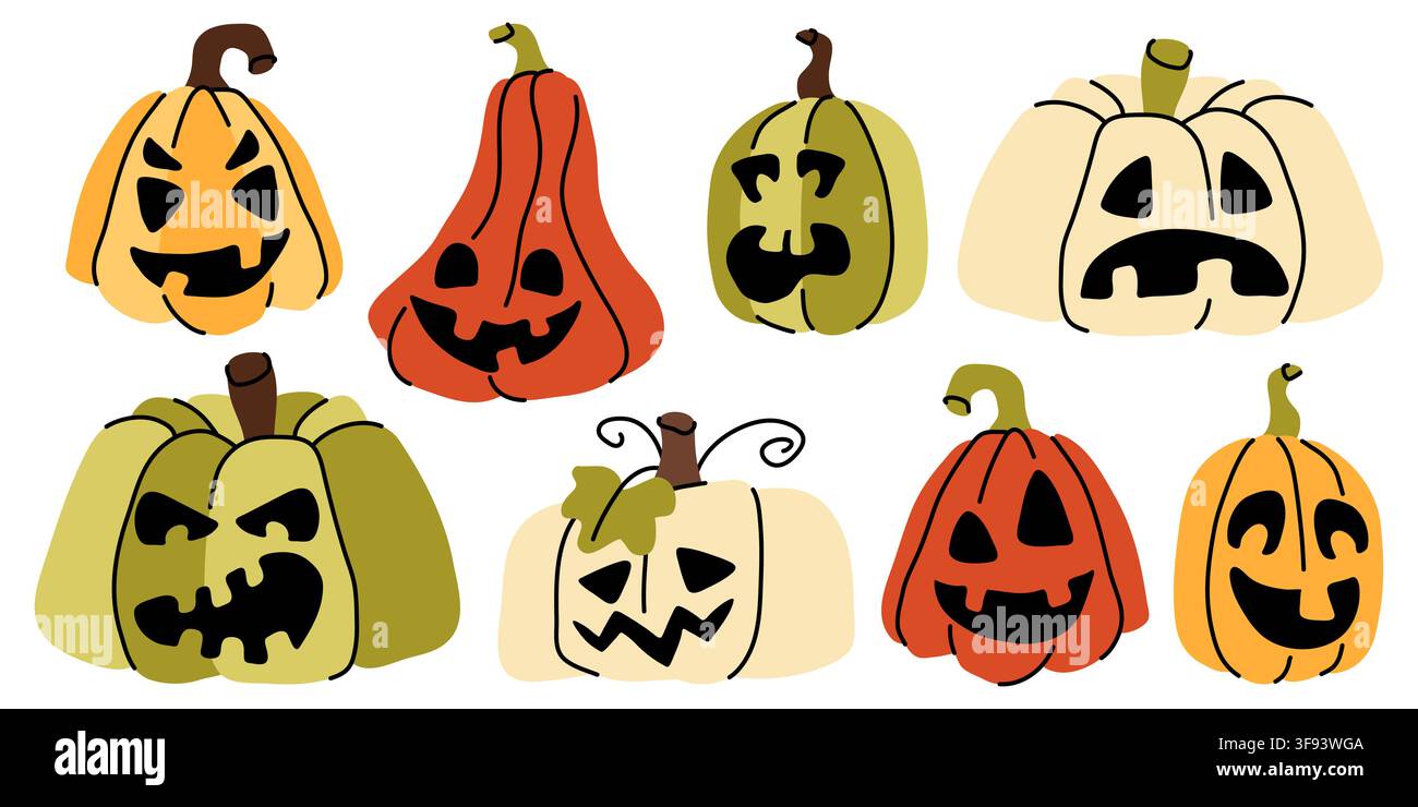 Set di vettori di zucche intagliate spaventose per Halloween per decorazioni per feste Illustrazione Vettoriale