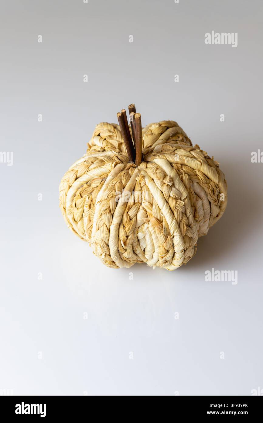 Una natura morta verticale minimalista di un piccolo zuccino ornamentale realizzato a mano con fibre intrecciate naturali. Lo sfondo bianco pulito e le ombre morbide em Foto Stock