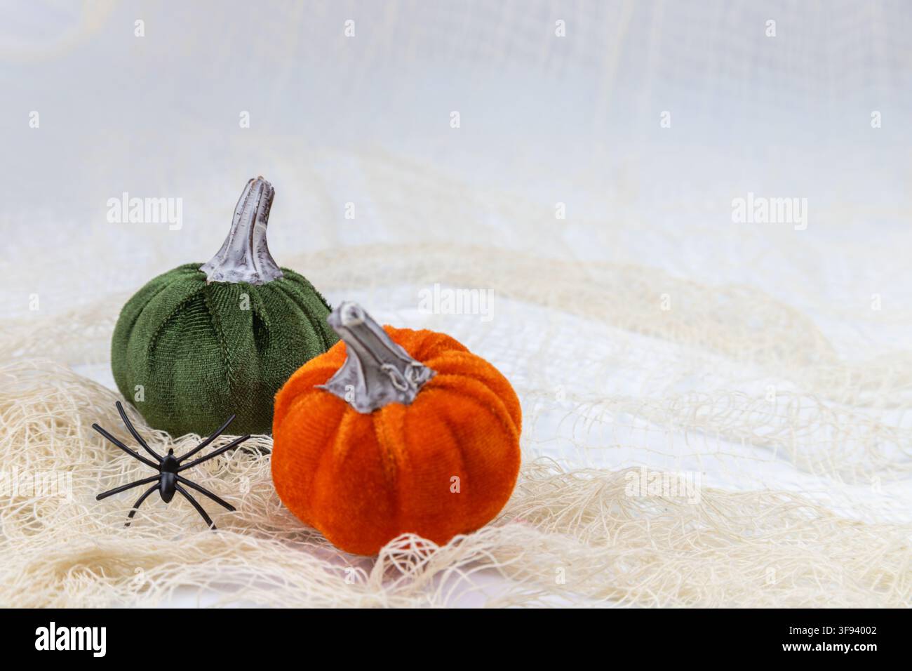 Una natura morta spettrale a tema Halloween con una zucca arancione e una zucca di velluto verde con un piccolo ragno decorativo nero. Gli oggetti sono disposti su Foto Stock