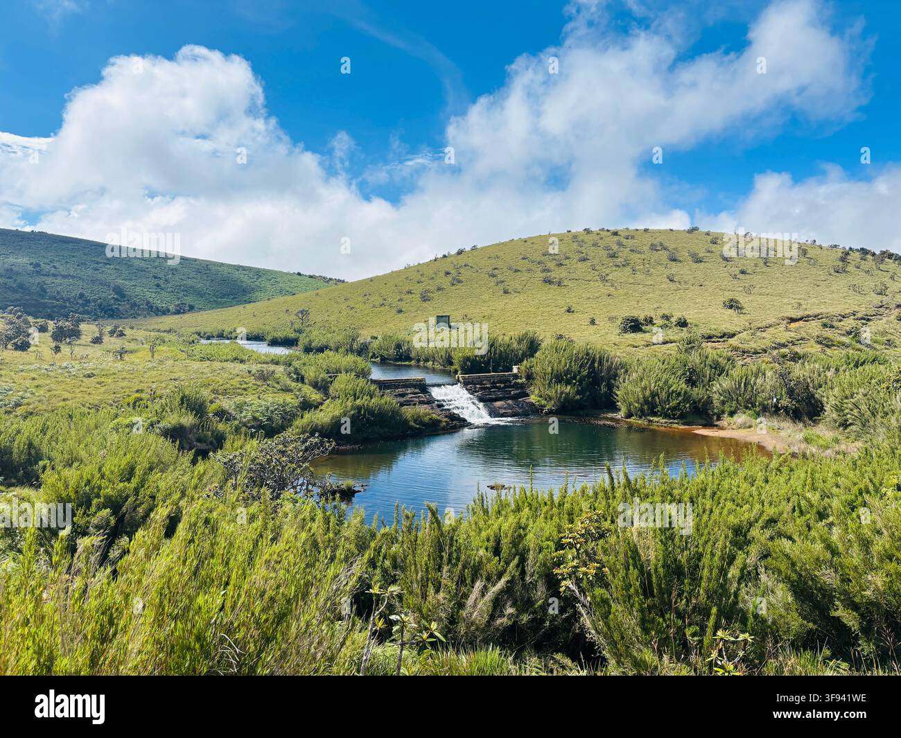 Horton Plains, Sri Lanka. Un panorama altopianuro mozzafiato di colline verdi, ruscelli incontaminati e cascate d'acqua sotto un cielo blu infinito. - Immagine stock catturata con smartphone