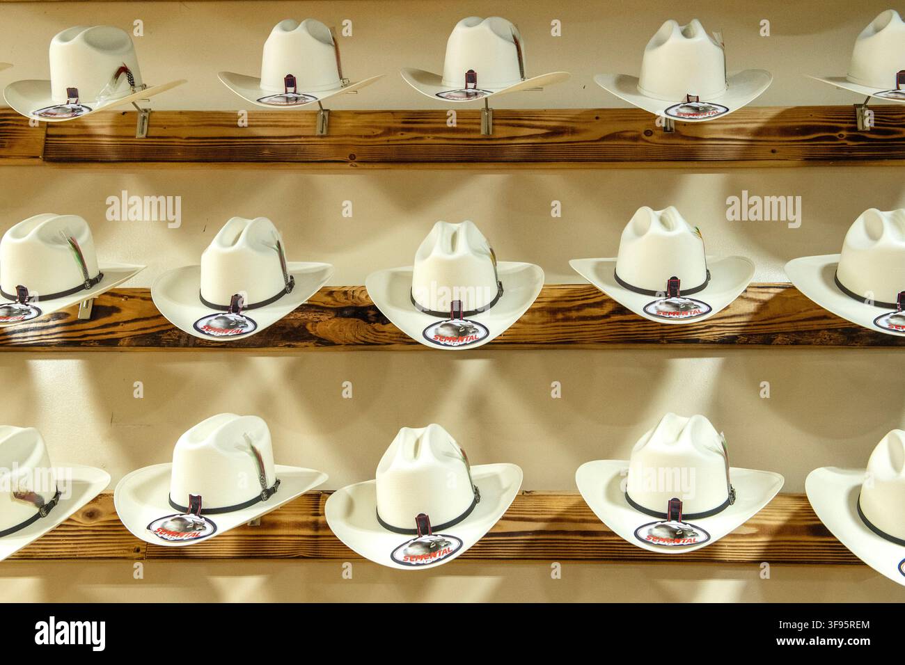 Cappelli da cowboy bianchi alla Rancho Semental, Austin, Texas, 10 aprile 2025. (Foto di John Anderson/The Austin Chronicle) Foto Stock