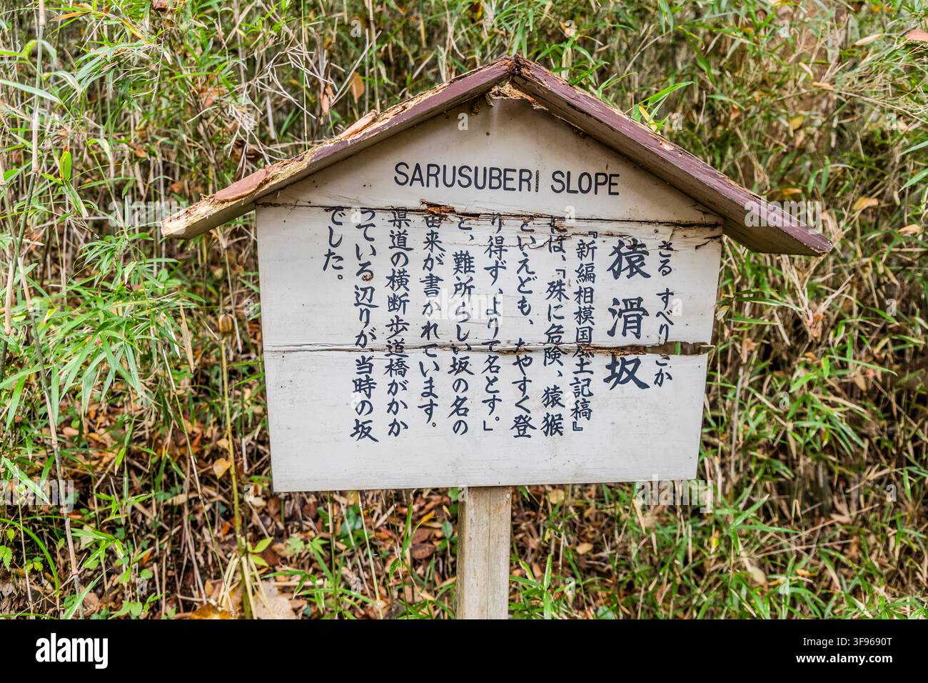 Un cartello segna Sarusuberi-zaka (猿滑坂, "Scivolo delle Scimmie") sull'antica via Tōkaidō vicino ad Hakone, Prefettura di Kanagawa, Giappone. Secondo la cronaca Shinpen Sagami no Kuni Fudoki Kō citata sul cartello, la discesa era così pericolosa che nemmeno le scimmie potevano scalarla con facilità – da qui il nome. Foto Stock