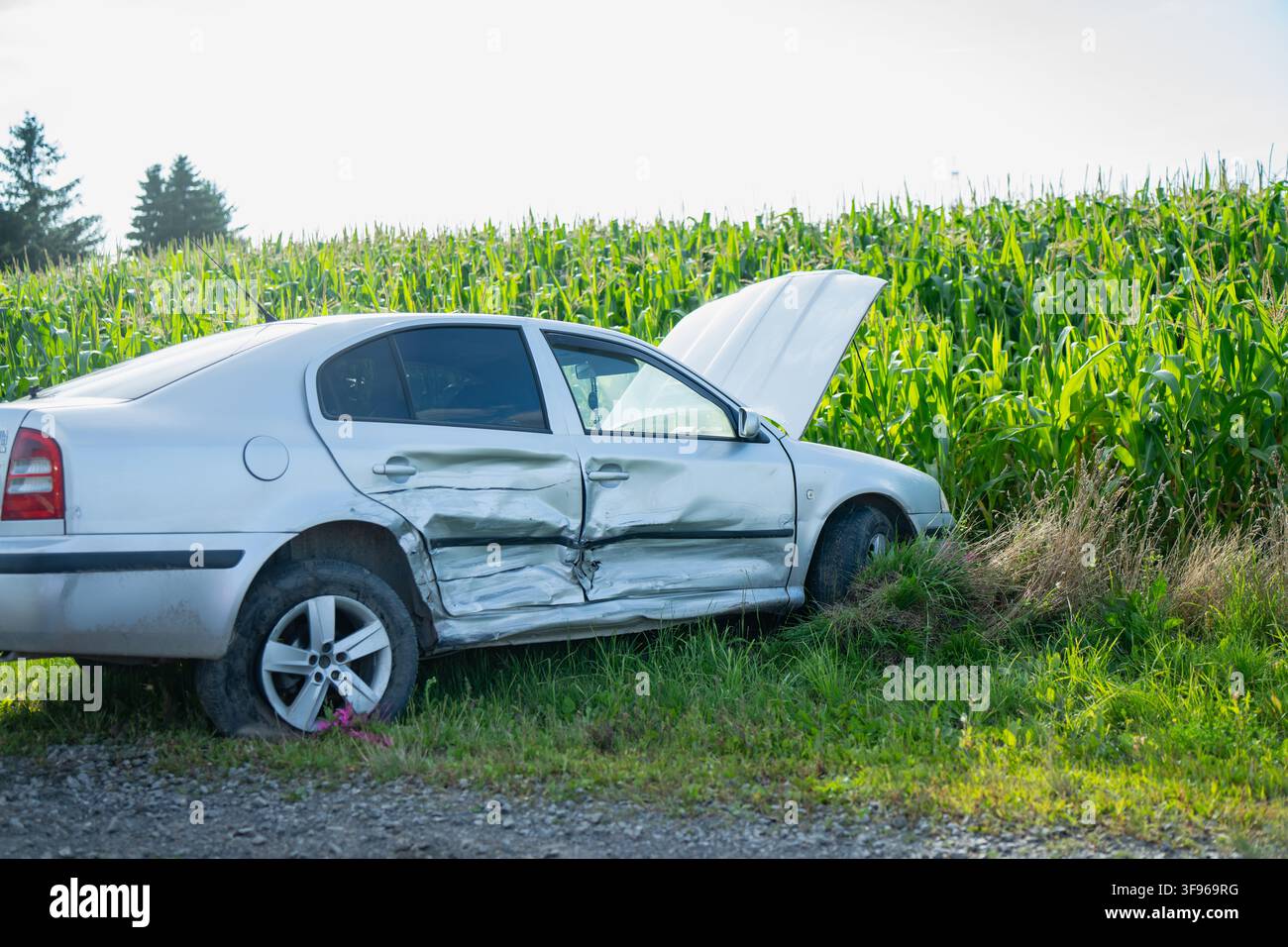 Berlina argentata danneggiata con porte schiacciate, schiantata in un fosso lungo la strada, rappresentante le rivendicazioni dell'assicurazione auto, la responsabilità per collisione di veicoli e la sicurezza stradale Foto Stock