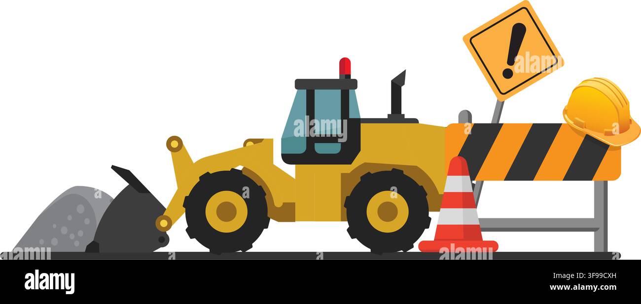 Illustrazione vettoriale piatta di un caricatore, di un cono di sicurezza e di un cartello di avvertimento in una zona di lavoro di cantiere. Illustrazione stock. Illustrazione Vettoriale