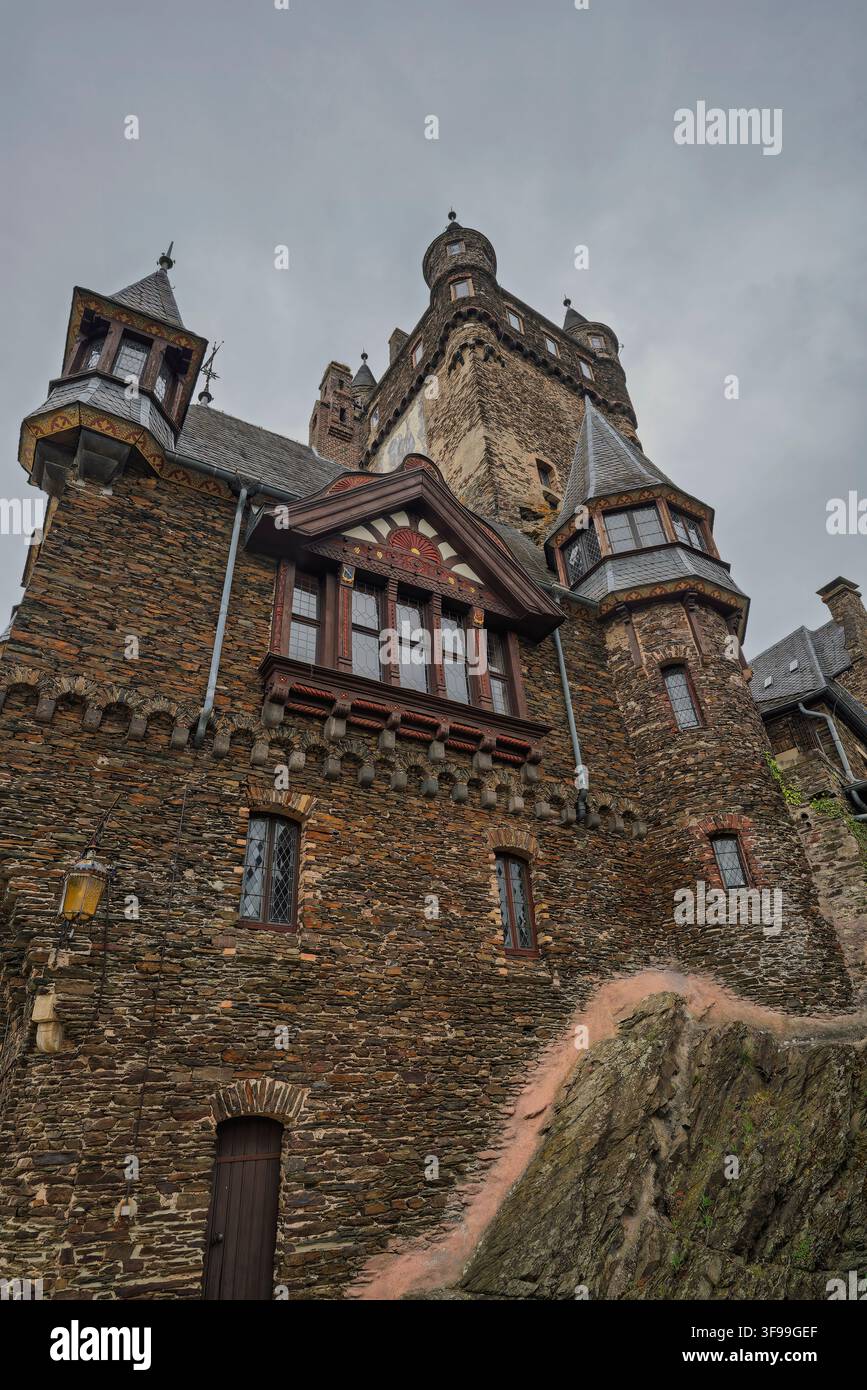 Vista del Reichsburg (dettaglio), Cochem, Mosella, Renania-Palatinato, Germania Foto Stock