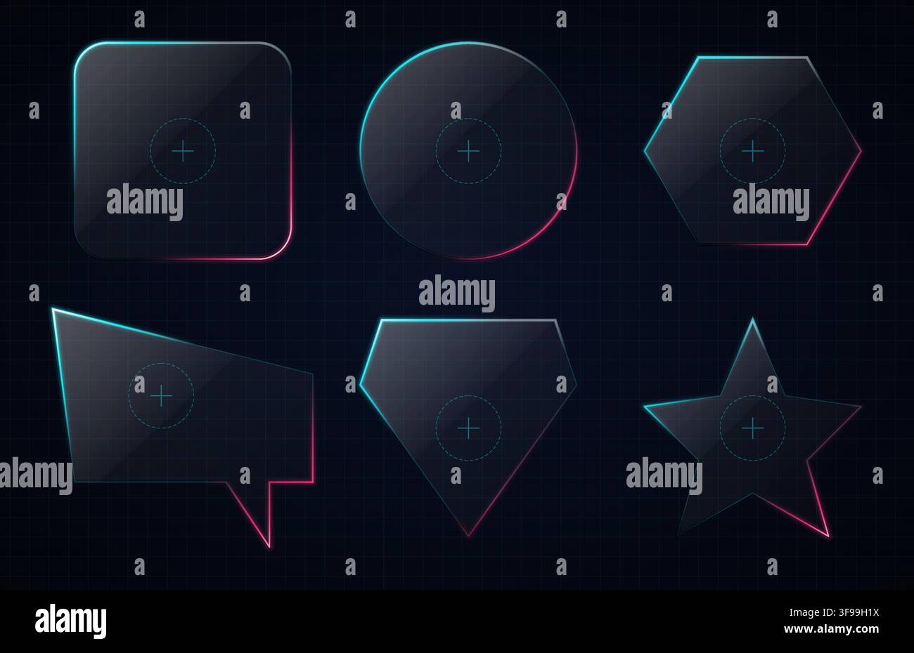 Set di pulsanti UI futuristici in glassmorphismo scuro con carte di vetro geometriche luminose al neon, simboli bersaglio e modello di interfaccia cyberpunk Illustrazione Vettoriale