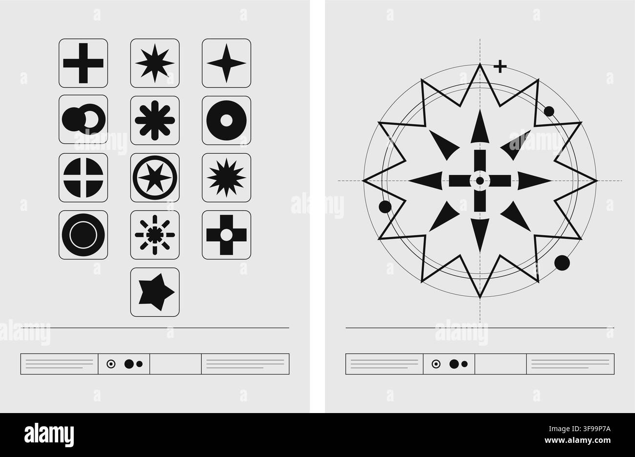 Set di modelli di poster vettoriali neobrutalisti moderni con simboli geometrici a esplosione di stelle, glifi di progetti tecnici e layout tipografico svizzero Illustrazione Vettoriale