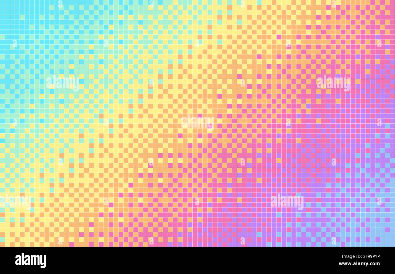 Sfondo orizzontale vettoriale a mosaico pixel arcobaleno pastello astratto con sfumatura diagonale a griglia di mezzitoni e motivo digitale retrò 8-bit Illustrazione Vettoriale