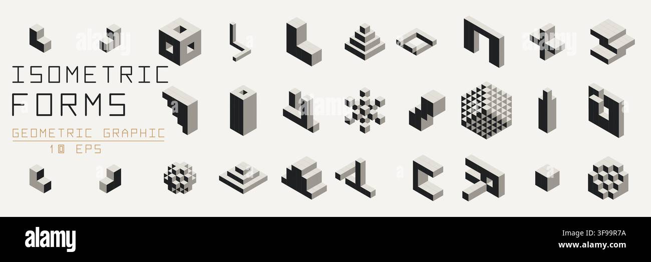 Set di forme geometriche isometriche 3D e icone vettoriali a blocchi astratti con forme di architettura minimalista per il design di branding grafico moderno Illustrazione Vettoriale