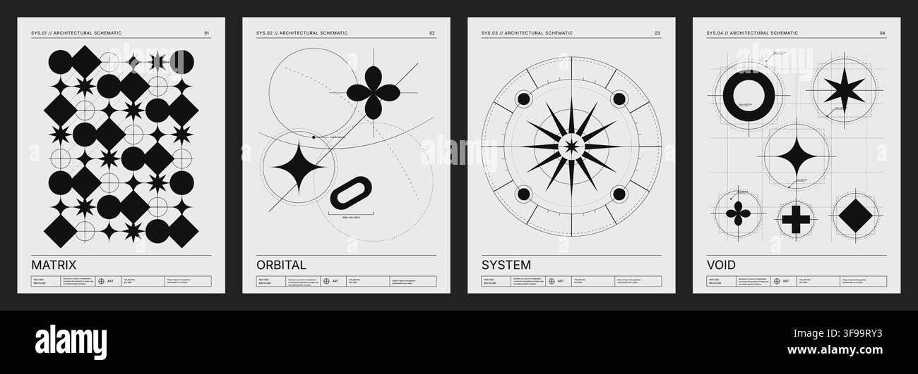 Set di modelli di poster vettoriali monocromi minimalisti moderni con simboli geometrici architettonici, griglie orbitali e layout di copertina tipografica svizzera Illustrazione Vettoriale