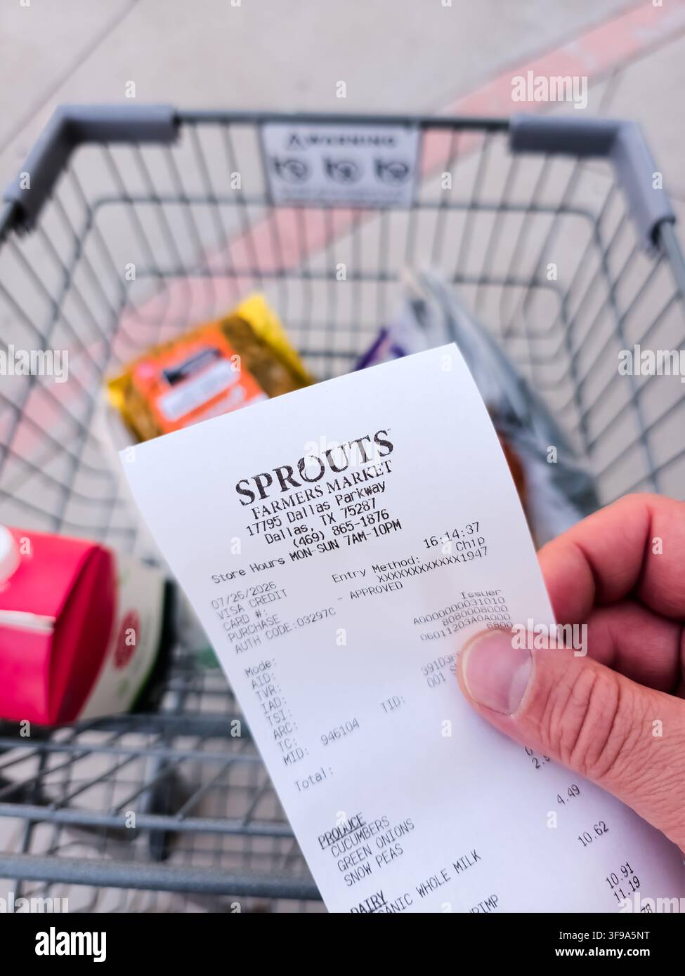 ADDISSON, TX, USA - 26 LUGLIO 2026: Una persona tiene una ricevuta di Sprouts Farmers Market sopra un carrello della spesa pieno di generi alimentari. Sprouts è noto per Foto Stock