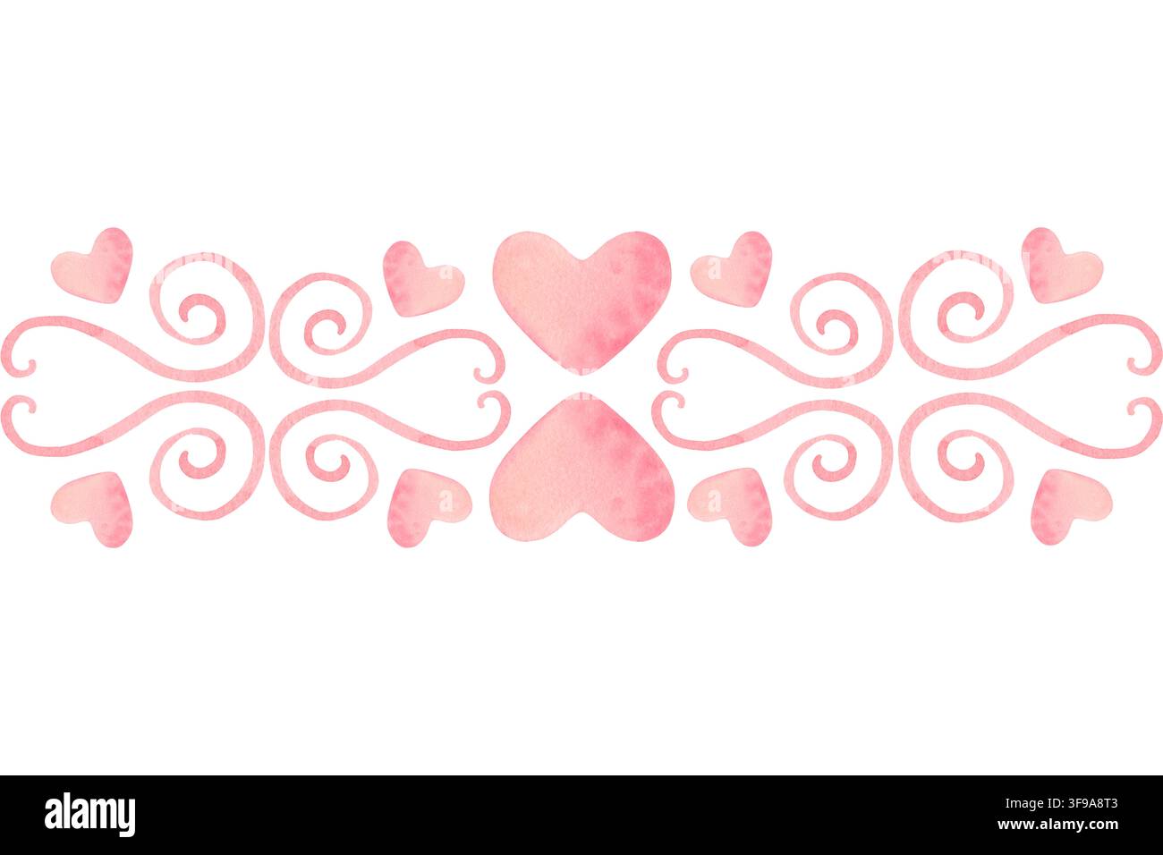 Bordo senza cuciture, volute rosa, cuori, scarabocchi. Illustrazione acquerellata dipinta a mano isolata su bianco per carteria, inviti, packaging, decorazione Foto Stock