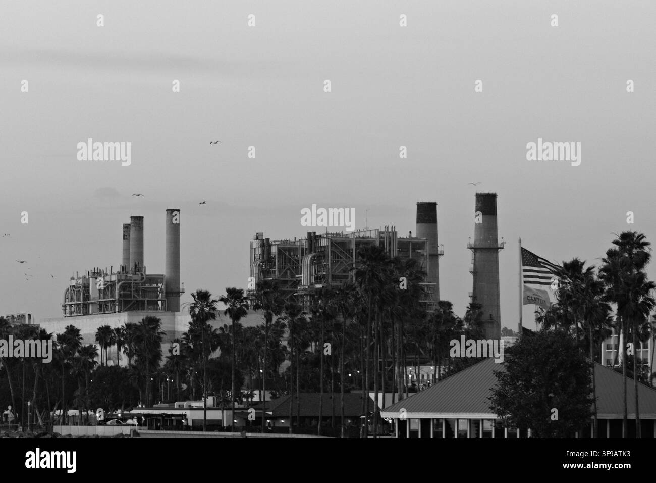 Complesso industriale con alte ciminiere contro un cielo soffice al tramonto. Palme delimitano lo sfondo vicino a una struttura dal tetto blu. Bandiera americana sventola accanto Foto Stock