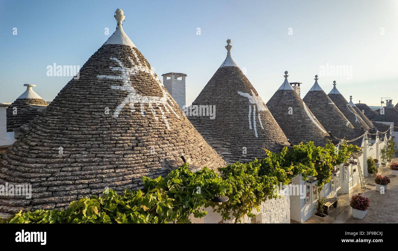 Iconici tetti conici in pietra calcarea delle case dei Trulli di Alberobello in Puglia, Italia Foto Stock