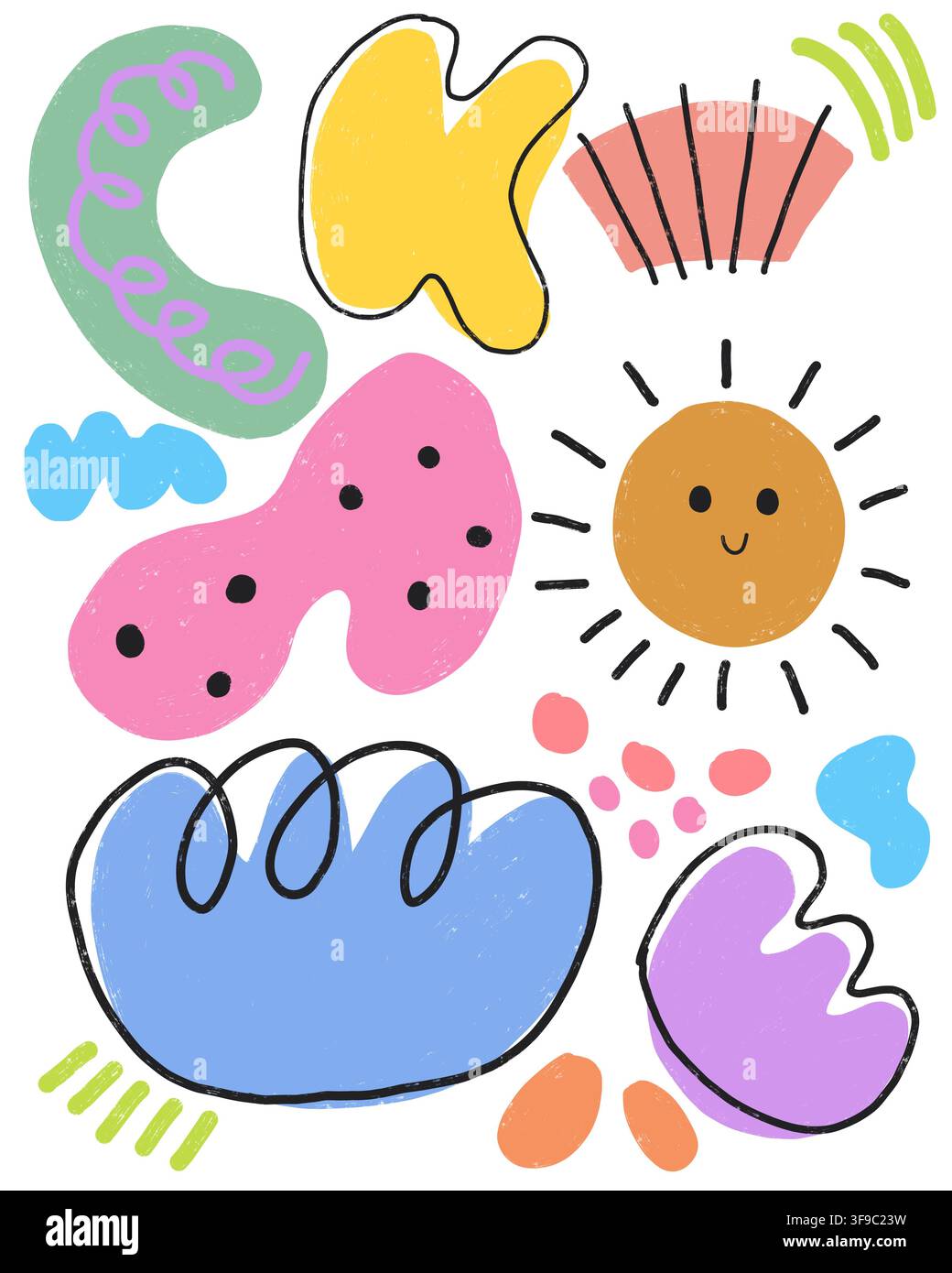 Un insieme giocoso disegnato a mano di forme astratte organiche a blob in colori pastello e vivaci, con un personaggio del sole sorridente, una forma a rene a pois, ecc. Foto Stock