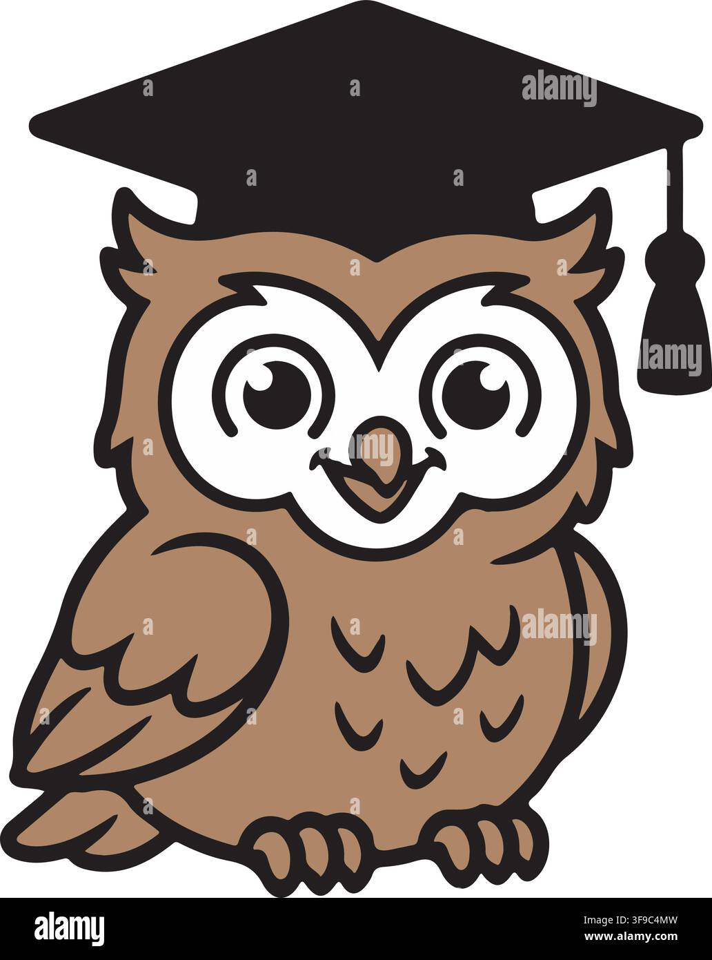 Grazioso saggio gufo bambino con toga nera di laurea Mortarboard Educazione Ritorno a scuola Illustrazione vettoriale Arte grafica Illustrazione Vettoriale