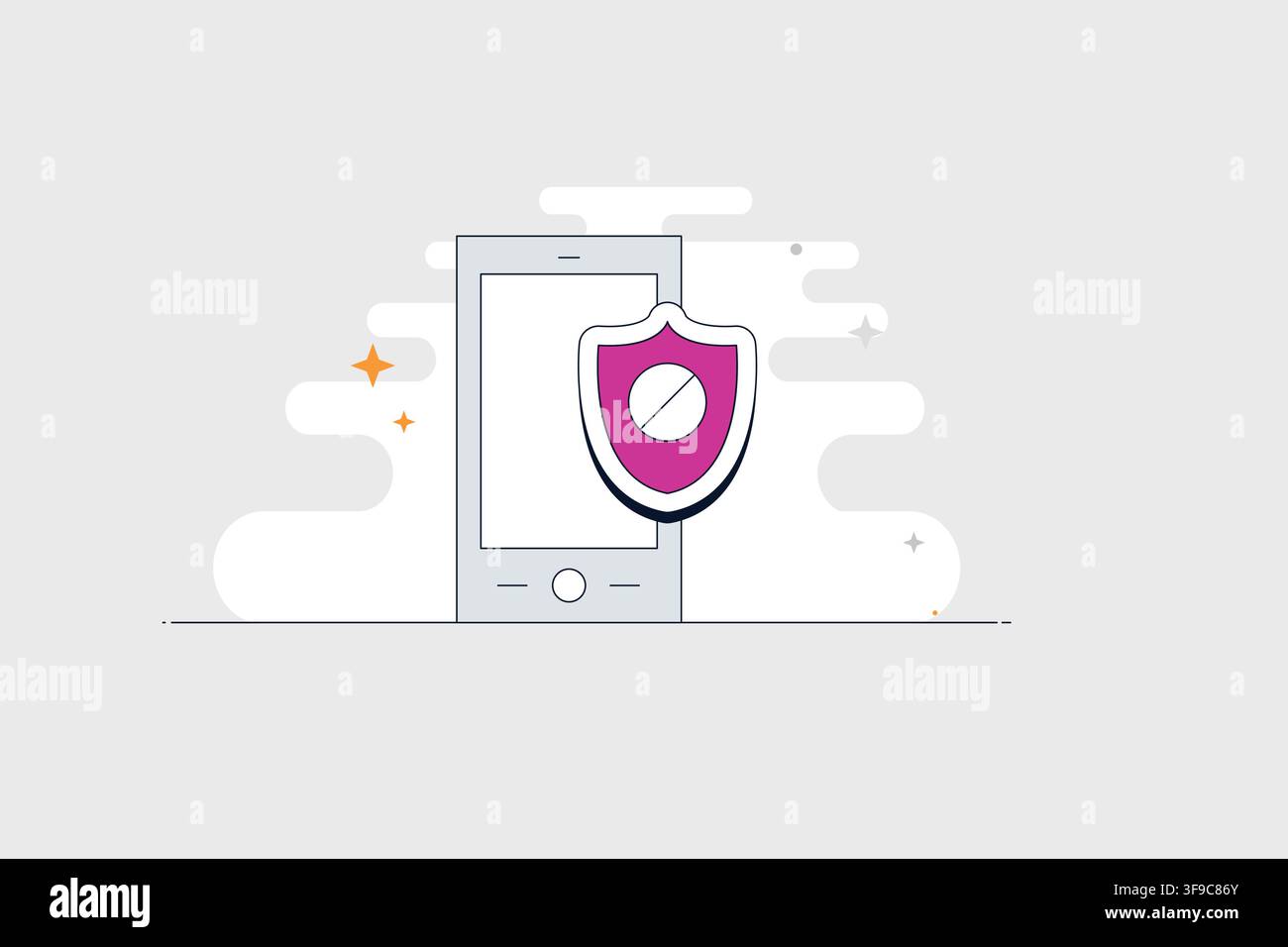 Telefono cellulare con icona di scudo per la sicurezza online, la privacy e la protezione Illustrazione Vettoriale