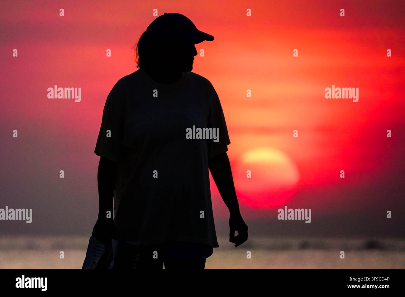 Isle of Palms, Stati Uniti. 15 agosto 2026. Un raccoglitore di conchiglie in controluce rispetto all'alba sull'Oceano Atlantico cerca conchiglie a Wild Dunes, il 15 agosto 2026 a Isle of Palms, Carolina del Sud. Credit: Richard Ellis/Richard Ellis/Alamy Live News Foto Stock