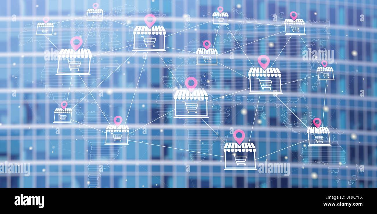 Sistema di gestione della piattaforma e-commerce per l'inventario globale della vendita al dettaglio e la strategia di ubicazione dei negozi Foto Stock