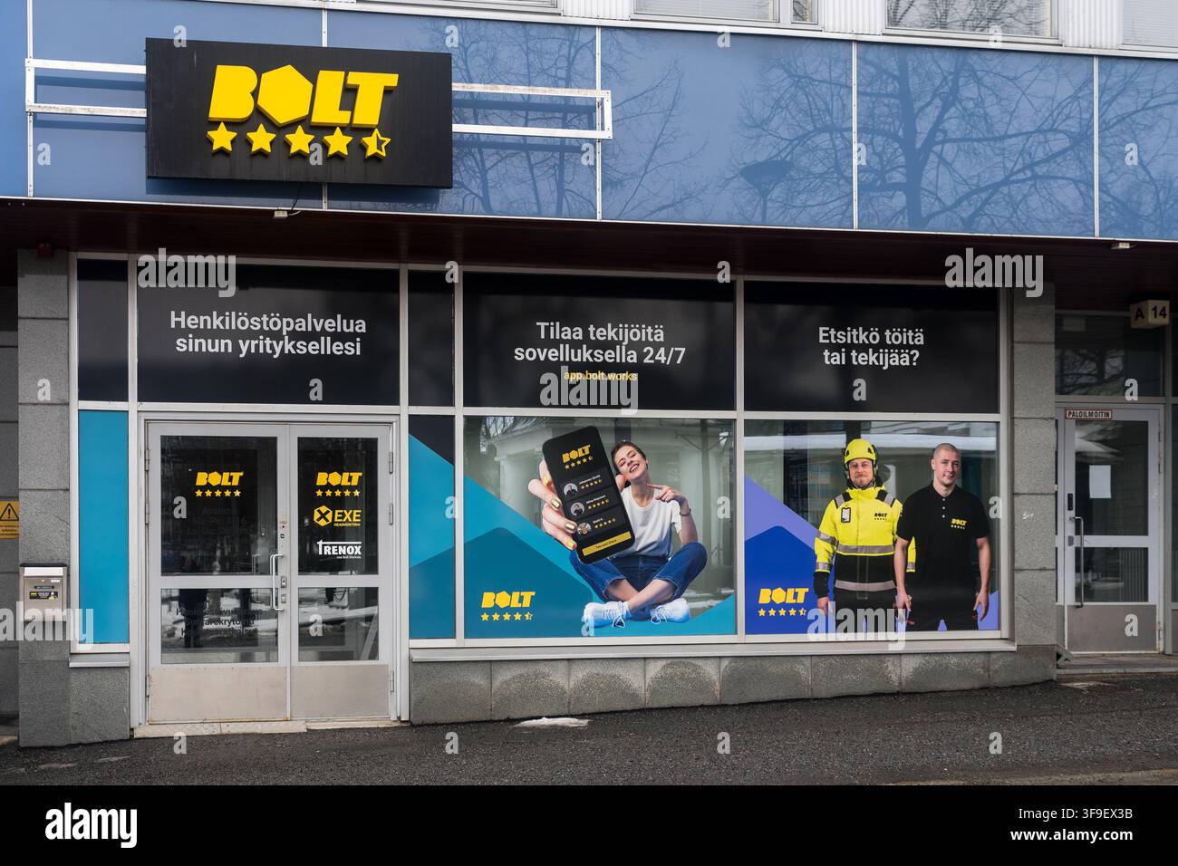 Hameenlinna, Finlandia - 28 febbraio 2026 - Esterno dell'ufficio di reclutamento Bolt Foto Stock