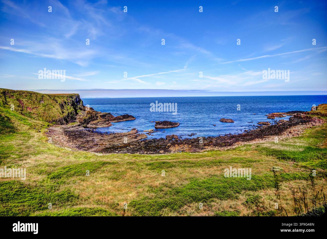 Scogliere di basalto trasparenti ricoperte di verde scendono verso insenature rocciose e l'Oceano Atlantico vicino al Giant's Causeway nella Contea di Antrim. Foto Stock