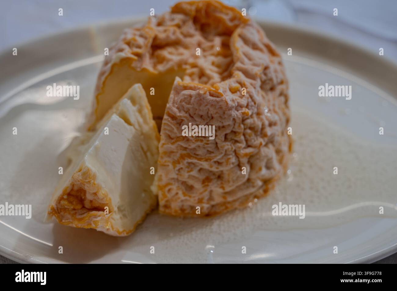 Piccolo formaggio Lsoft francese Langres rotondo con crosta lavata all'arancia e centro cremoso su un tavolo, cucchiaio e abbinato a champagne Foto Stock