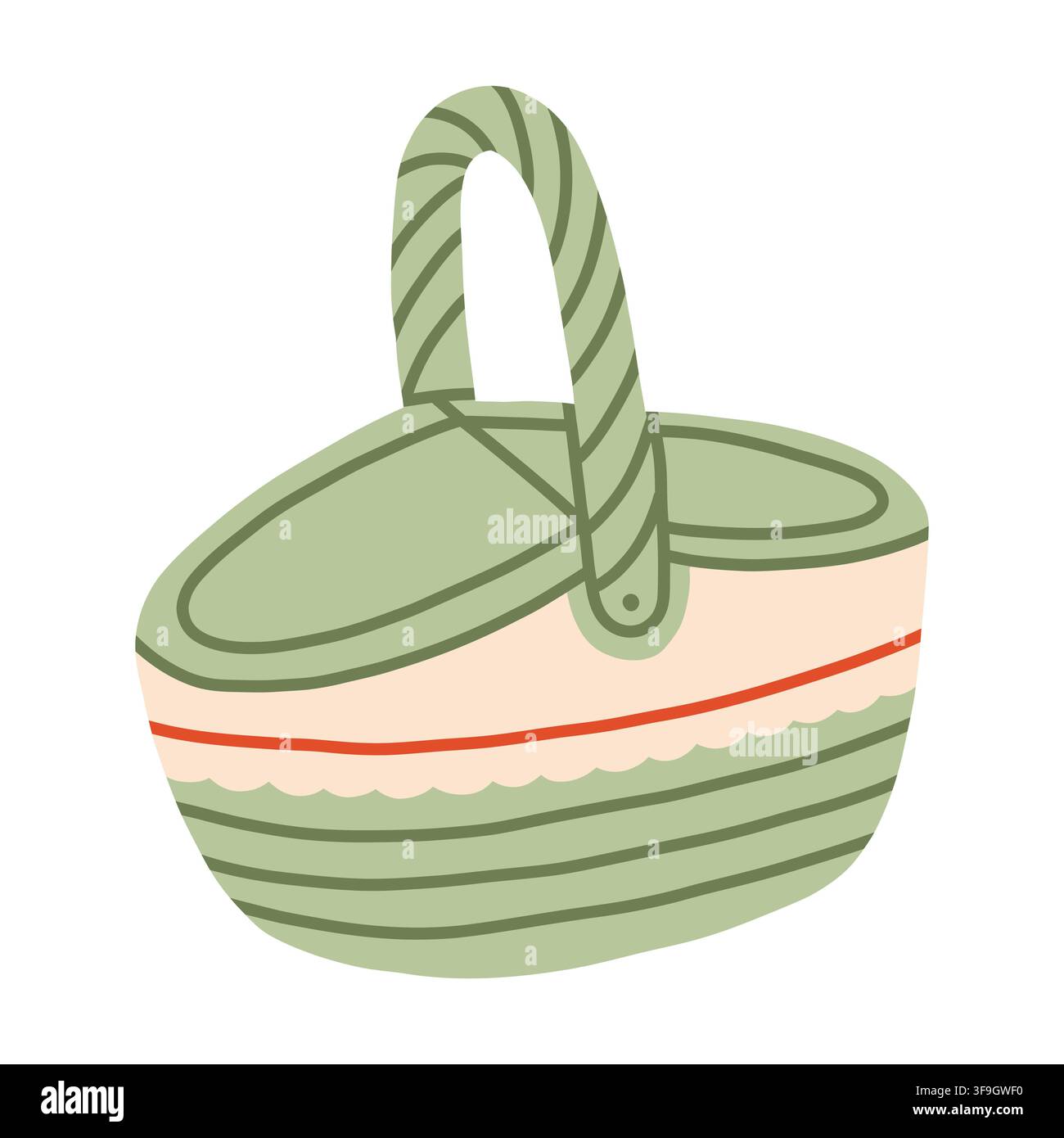 Cesto da picnic intrecciato illustrazione vettoriale. Ideale per picnic estivo, conservazione degli alimenti, pranzo all'aperto, uscite al parco e design vettoriali primaverili Illustrazione Vettoriale