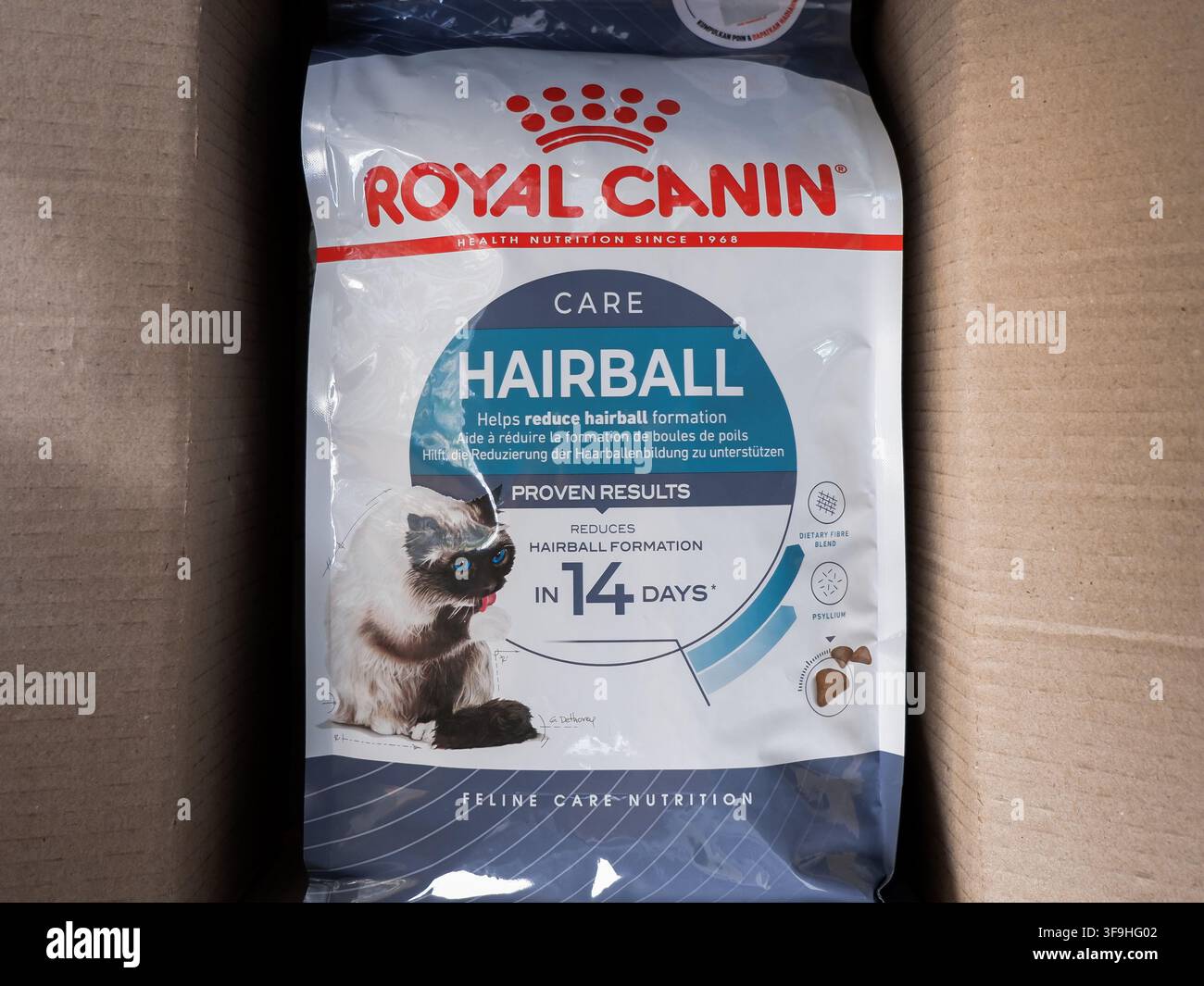 SOUTH TANGERANG, INDONESIA - 14 agosto 2026: Un sacchetto di cibo per gatti Royal Canin Hairball Care disposto all'interno di una scatola di cartone Foto Stock