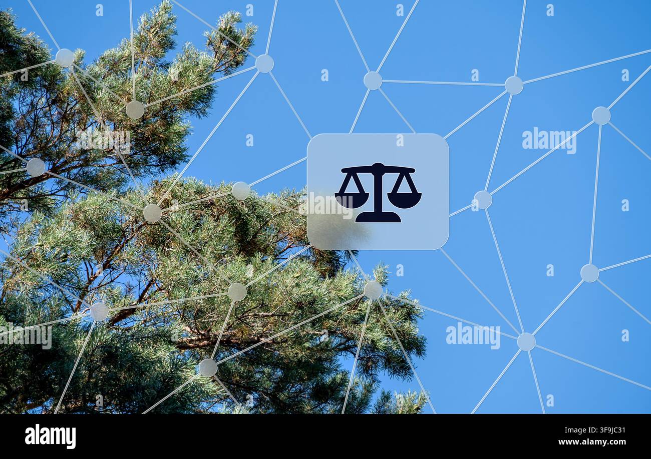 Concetto di diritto ambientale con simbolo delle bilance della giustizia su un pino e cielo blu, che rappresenta la natura e le normative di protezione ecologica. Foto Stock